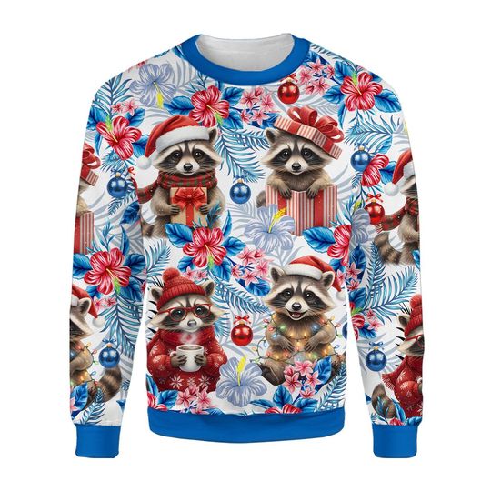 Cute Raccoon Christmas Sweatshirt For Men Women, Tropical Holiday Floral Shirt, Funny Animal Gift Idea, Fake Ugly Sweater, Xmas Outfit