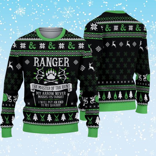 Discover Ranger Ugly Christmas Sweater, DnD Inspired Green Black Knit, Master of the Hunt Quote, Archer Fantasy Gamer Unisex Holiday Jumper