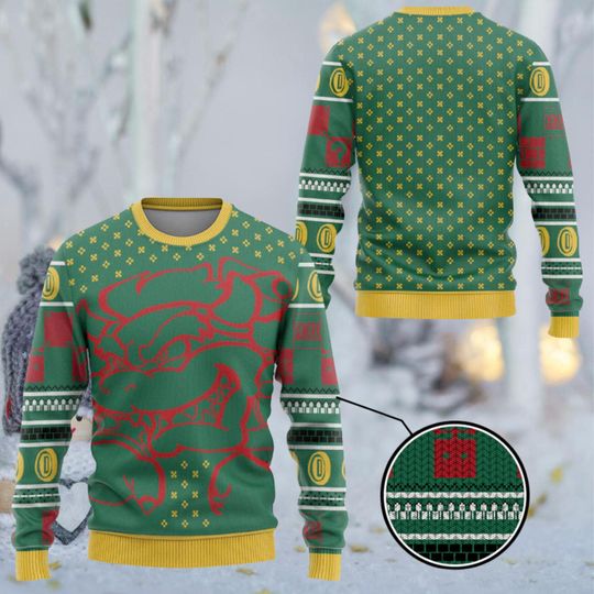 Bowser Inspired Ugly Christmas Sweater, Green Coin Block Gamer Knit Jumper, Video Game Holiday Pullover, Unisex Nerdy Winter Party Gift