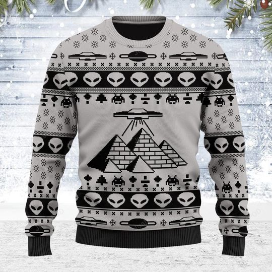 Discover Alien Ancient Pyramid Ugly Christmas Sweater, UFO Movie Shirt, Space Gifts, Green Alien Shirt, Xmas Sweater, Christmas Sweater Gift