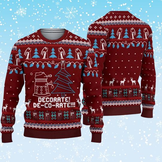 Decorate De Co Rate Ugly Christmas Sweater, Dalek Parody Knit, Doctor Who Inspired Holiday Jumper, Maroon Unisex Geek Party Gift Sweatshirt
