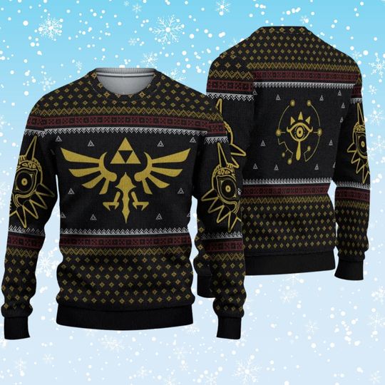 Zelda Inspired Ugly Christmas Sweater, Black Gold Hylian Triforce Knit, Sheikah Eye Fair Isle Jumper, Unisex Gamer Holiday Cosplay Pullover
