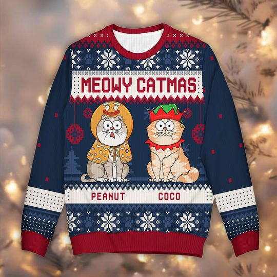 Discover Personalized Meowy Catmas Ugly Christmas Sweater, Custom Pet Names Jumper, Funny Cat Lover Gift