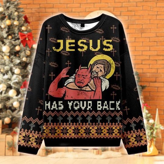 Jesus Has Your Back Funny Christmas Sweater, Religious Xmas Shirt, Holy vs Evil Ugly Sweater, Christian Humor Holiday Gift