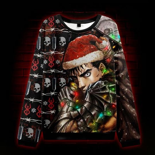 Discover Anime Christmas Sweater, Dark Warrior Holiday Ugly Sweater, Cool Graphic Santa Hat Christmas Sweatshirt for Anime Fans