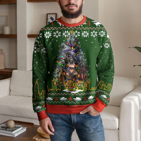 Funny Monster Christmas Ugly Sweater, god zilla Tree Holiday Sweatshirt, Ugly Xmas Style Kaiju Design Festive Gift for Movie and Sci Fi Fans