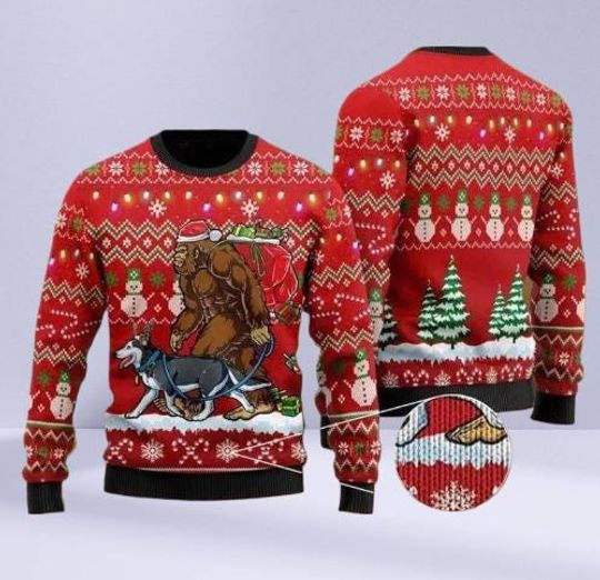 Discover Bigfoot with Husky Ugly Christmas Sweater, Funny Sasquatch Holiday Jumper, Winter Dog Lover Gift, Unisex Festive Pullover 2025