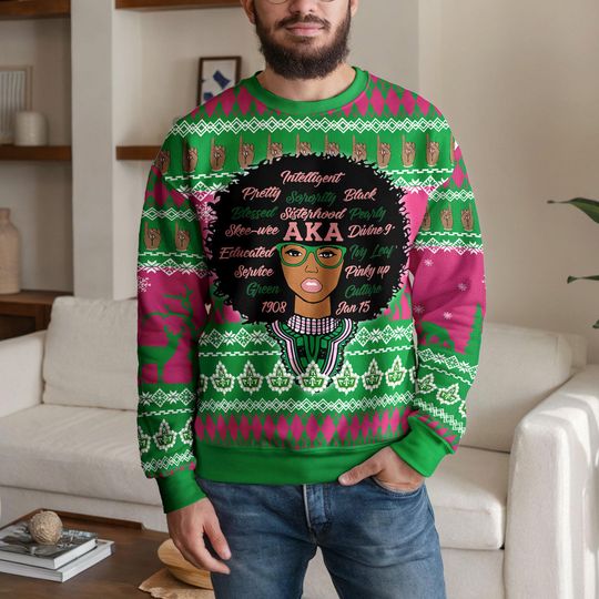 AKA Sorority Christmas Sweater, Alpha Kappa Alpha Inspired Holiday Sweatshirt, Pretty Poodle Pink and Green Ugly Christmas Jumper for Women