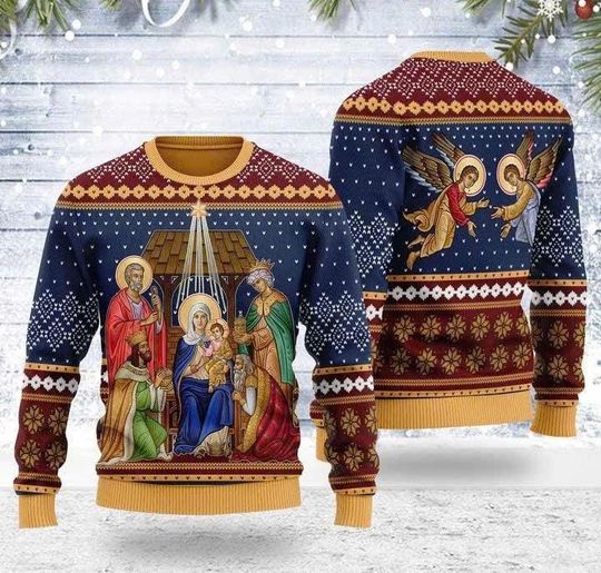 Nativity of Jesus Christmas Sweater, Holy Birth Religious Ugly Xmas Jumper, Christian Faith Holiday Pullover