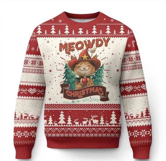 Discover Xmas Cowboy Cat Ugly Christmas Sweater  Meowdy Christmas and Happy Mew Year, Funny Western Cat Holiday Sweatshirt for Men Women Kids/CMS113
