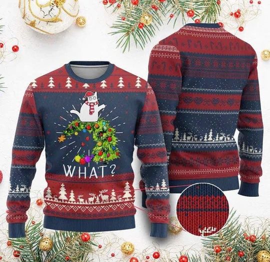 Discover Funny Christmas Cat Ugly Christmas Sweater  What? Mischievous Cat Pushing Christmas Tree | Cute Holiday Sweatshirt for Cat Lovers/CMS-109