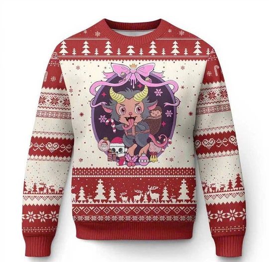 Discover Christmas Kawaii Pastel Krampus Ugly Christmas Sweater, Cute Pink Demon Holiday Sweatshirt, Funny Gothic Pastel Xmas Gift/CMS-108