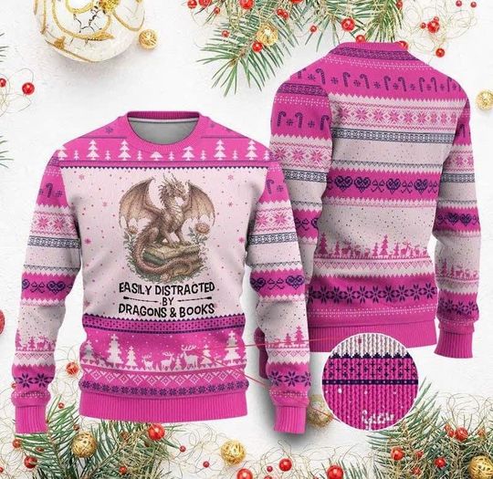 Discover Easily Distracted By Dragons And Books Ugly Christmas Sweater, Funny Fantasy Reader Sweatshirt, Book Lover Gift, Reading Outfit/CMS-103