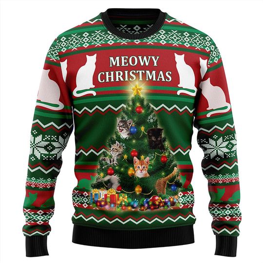 Discover Meowy Christmas Cat Sweater, Funny Ugly Xmas Sweater with Cats and Tree, Holiday Outfit for Cat Lovers, Festive Party Gift
