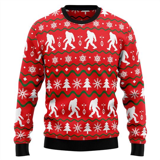 Discover Bigfoot Christmas Sweater, Funny Sasquatch Ugly Xmas Sweater for Men & Women, Red Festive Holiday Jumper, Winter Party Gift Idea