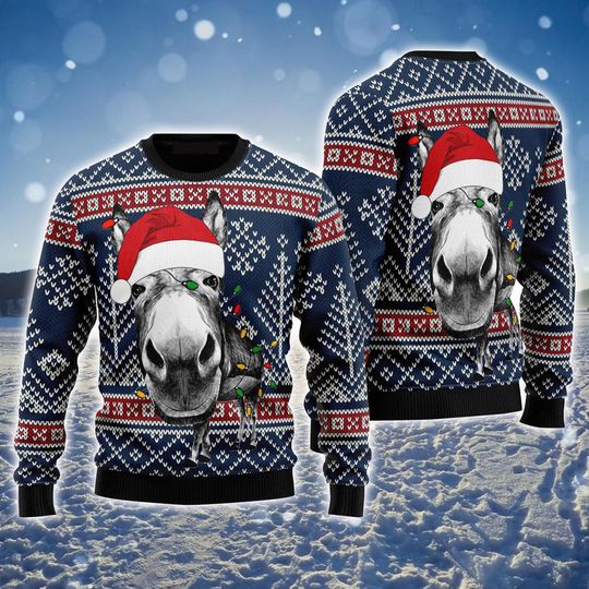 Funny Horse Christmas Ugly Sweater, Cute Santa Hat Horse Ugly Xmas Sweater, Holiday Farm Animal Jumper for Men & Women, Winter Gift