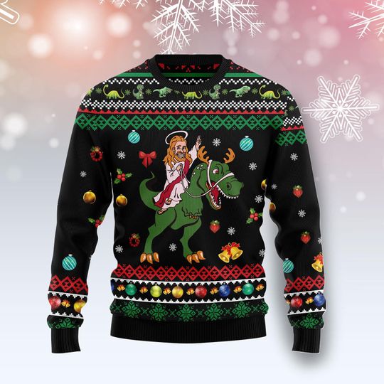 Funny Jesus Riding Dinosaur Christmas Ugly Sweater, Ugly Xmas Sweater for Men & Women, Hilarious Holiday Party Outfit, Religious Humor Gift