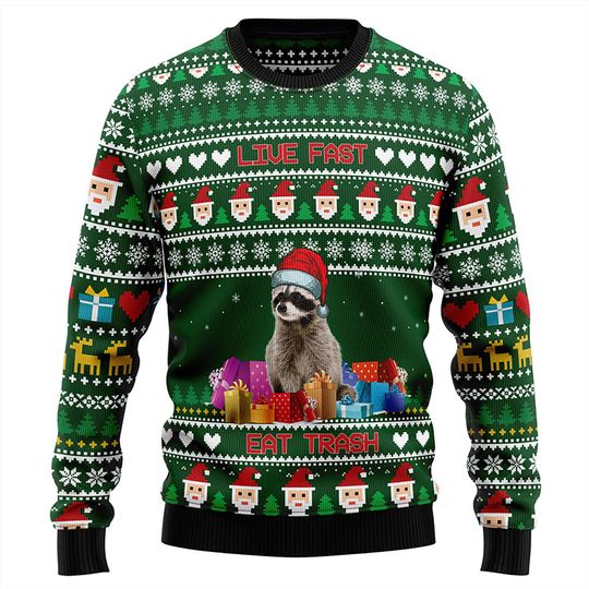 Funny Raccoon Christmas Ugly Sweater, Live Fast Eat Trash Ugly Xmas Sweater for Men & Women, Hilarious Holiday Party Gift Outfit