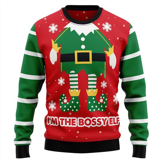 Discover Funny Bossy Elf Christmas Sweater, Ugly Xmas Sweater for Men & Women, Im The Bossy Elf Holiday Party Outfit, Festive Gift Idea