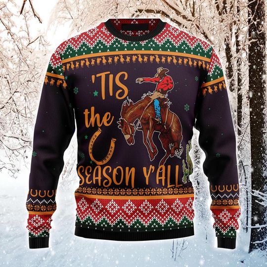 Discover Tis The Season Yall Cowboy Christmas Sweater, Western Rodeo Ugly Xmas Sweater for Men & Women, Funny Holiday Gift Outfit