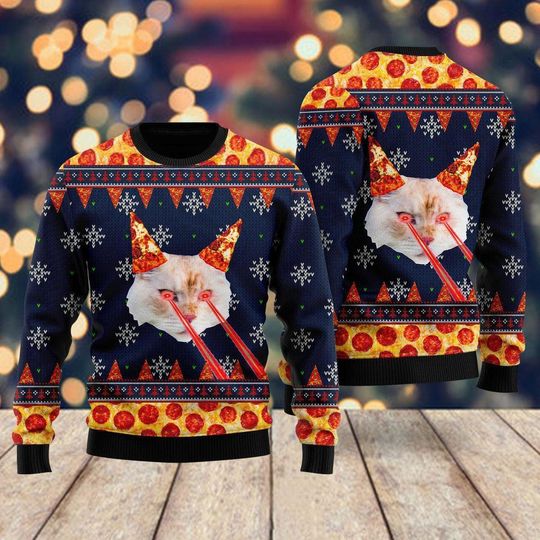 Discover Funny Cat Pizza Christmas Sweater, Laser Eyes Ugly Xmas Sweater for Men & Women, Hilarious Holiday Party Outfit, Cat Lovers Gift