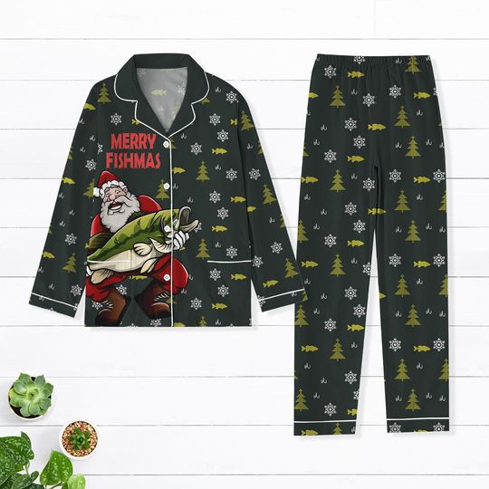 Fishing Santa Christmas Pajamas, Merry Fishmas Pajama Set, for Men Women, Holiday Sleepwear, Fun PJs, Christmas Gift