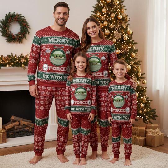 Discover Merry Force Be With You Baby Yoda Long Sleeve Pajamas Set, Funny Star Wars Christmas PJs, Mandalorian Sleepwear Gift for Men Women Fans