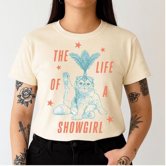 Discover Retro Showgirl Cat T-Shirt | Funny Showgirl Era Graphic Tee | Vintage Vegas Cat Shirt | Album Inspired Concert Outfit