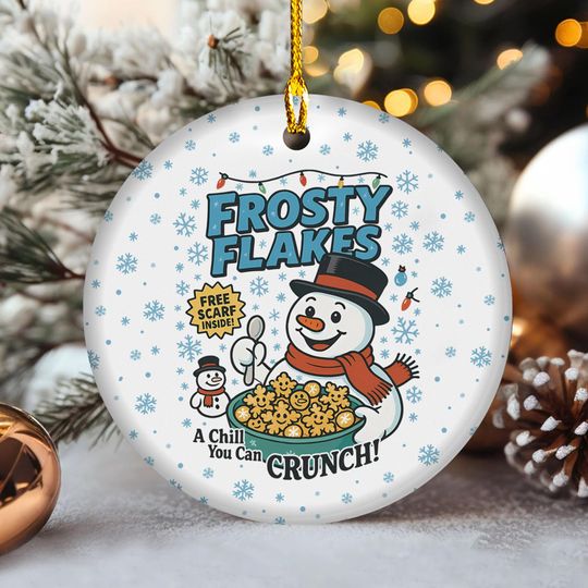 Discover Funny Frosty Flakes Snowman Ornament, Retro Christmas Cereal Ceramic Ornament