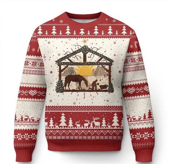 Discover Western True Story Ugly Christmas Sweater, Jesus Cowboy Nativity Scene Sweatshirt, Funny Faith Xmas Gift, Country Holiday Outfit/CMS-99