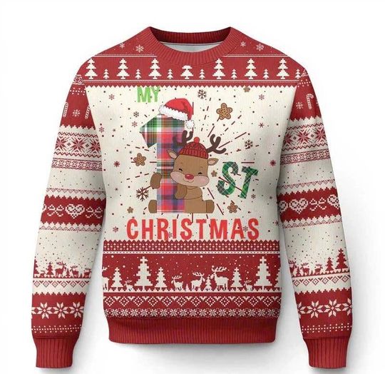 Discover My First Christmas Sweater, Cute Reindeer Santa Hat Ugly Christmas Sweater, Baby Holiday Outfit, Family Xmas Gift Idea/CMS-93