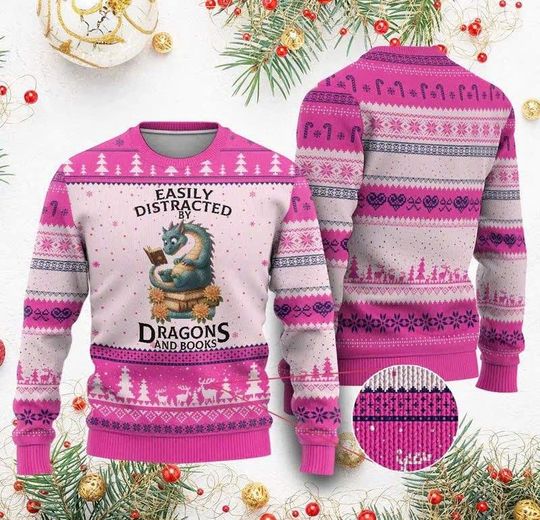 Easily Distracted By Dragons And Books Ugly Christmas Sweater, Funny Fantasy Book Lover Sweatshirt, Cute Reading Gift Idea