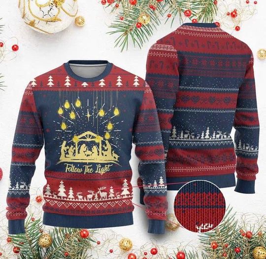 Christian Ugly Christmas Sweater, Follow the Light Christ Xmas Sweater, Religious Faith Christmas Outfit for Men Women & Kids