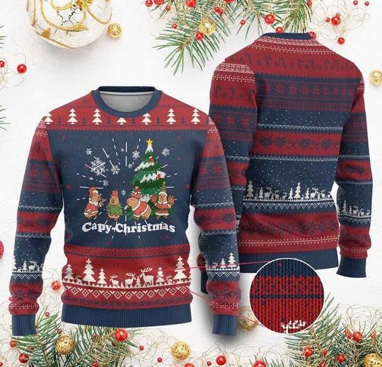 Xmas Capybara Ugly Christmas Sweater, Funny Capy Xmas Gift Idea Holiday Sweatshirt for Men Women Animal Lovers