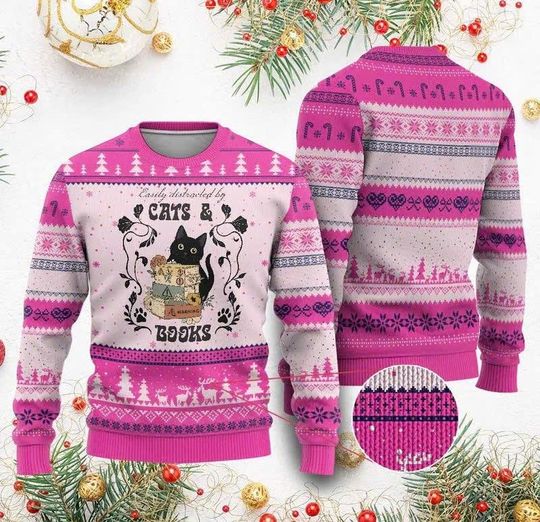 Discover Easily Distracted By Cats And Books Ugly Christmas Sweater, Funny Cat Book Lover Sweatshirt, Cute Kitty Reading Gift/CMS-89