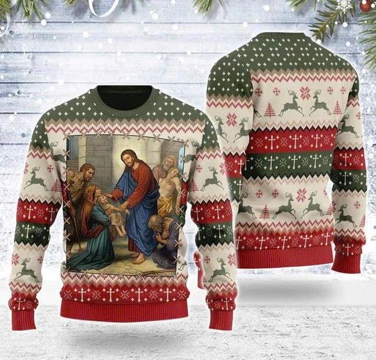 Discover The Divine Physician Artwork Ugly Christmas Sweater | Sacred Healer Themed Holiday Jumper | Spiritual Art All Over Print Xmas Pullover/CMS83