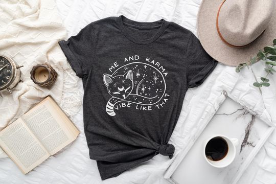 Discover Karma Is A Cat Shirt, Me And Karma Vibe Like That Shirt, Lyric Merch, Midnights Album Inspired Tee, Concert Shirt, Minimal Shirt, Women Tees