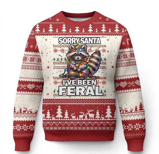 Discover Funny Xmas Raccoon Ugly Christmas Sweater  Sorry Santa Ive Been Feral Holiday Sweatshirt Gift for Men Women Animal Lovers/CMS-77
