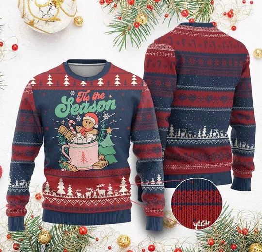 Tis The Season Ugly Christmas Sweater, Retro Gingerbread Hot Cocoa Holiday Sweatshirt, Gift for Men, Women, Kids