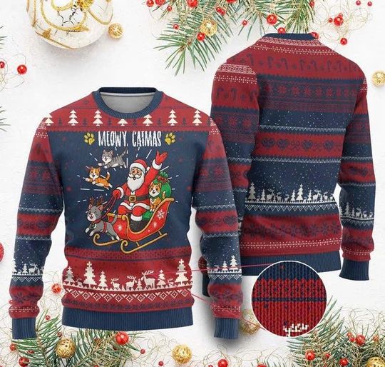 Discover Funny Xmas Cat Ugly Sweater, Meowy Catmas Santa Claus Holiday Sweatshirt for Cat Lovers, Men, Women, Kids
