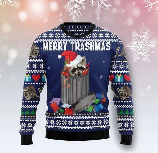 Discover Raccoon Merry Trashmas Ugly Christmas Sweater, Funny Holiday Pullover for Men Women Couples Friends Family Gift