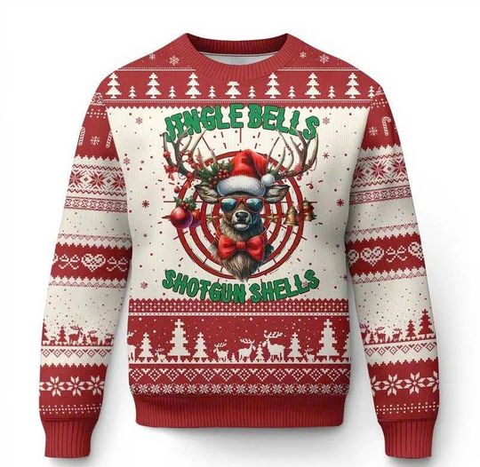 Discover Funny Hunting Ugly Christmas Sweater, Jingle Bells Shotgun Shells Santa Deer Holiday Sweatshirt, Gift for Men Women Hunters