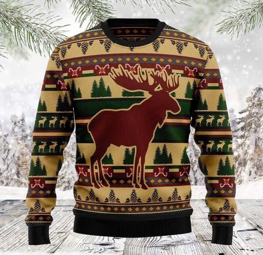 Discover Moose Pattern Ugly Christmas Sweater, Matching Holiday Sweater for Couples, Funny Family Xmas Sweater, Gifts for Moose Lovers