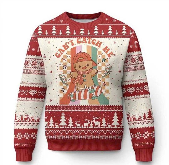 Discover Groovy Xmas Gingerbread Boy Ugly Christmas Sweater, Funny Skateboard Cant Catch Me Holiday Jumper for Men Women Kids