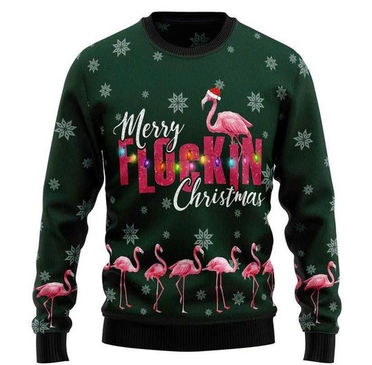 Discover Flamingo Merry Flockin Christmas Ugly Christmas Sweater, Funny Holiday Sweatshirt, Gift for Flamingo Lovers