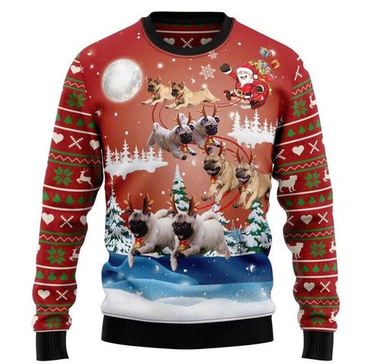 Pug Reindeer Ugly Christmas Sweater, Funny Dog Holiday Sweatshirt, Christmas Gift for Dog Lovers, Cute Pug Xmas Party Outfit
