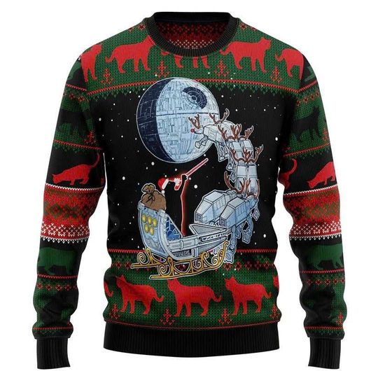 Discover Black Cat Sleigh to Death Star Ugly Christmas Sweater, Cat Lover Gift, Xmas Party Sweater