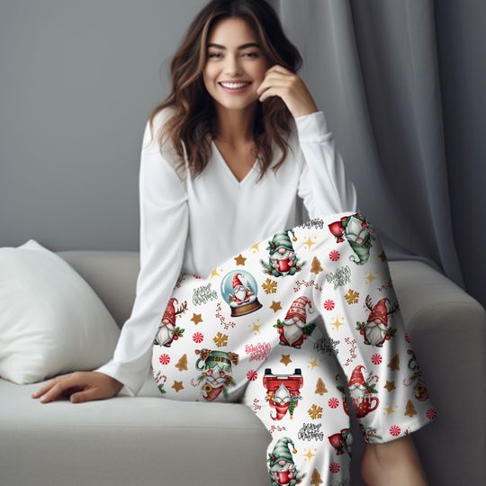Gnome Chrismas PJ Pants, Lounge Pants, Christmas PJs, Friend Birthday Gift, Coffee Lover Gift, Santa Gnome Pajama Pants for Her, Xmas PJs