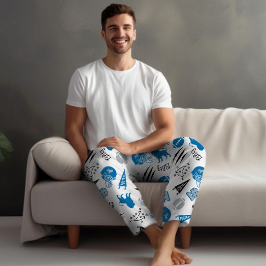 Discover Detroit Football Mens Lounge PJ Pants, Lion Football Lovers Gift, Gift for Him, Silver and Blue Football Lounge Pants, Lions PJ Pants Gift