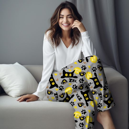 Discover Coffee Time Black Cat PJ Pants, Cat Lounge Pants, Cat Lovers PJ Pants, Friend Birthday Gift, Cat Lover Gift, Black Cat Lover Christmas Gift